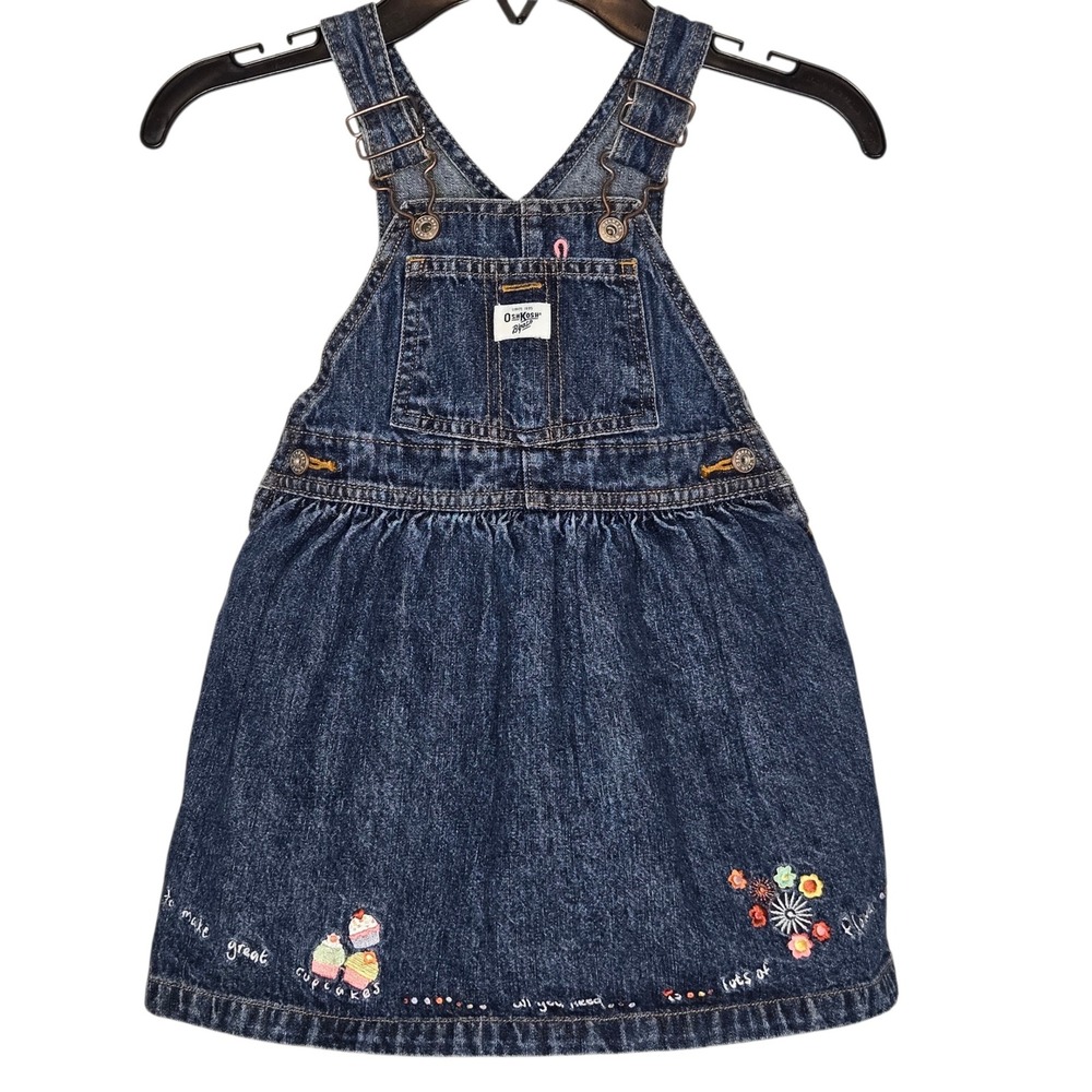 OshKosh B'gosh Girls 3T Vintage Denim Overall Dress Cupcake Flower Embroidery